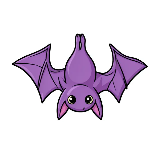 Cartoon purple bat hanging upside down with spread wings on a plain white background
