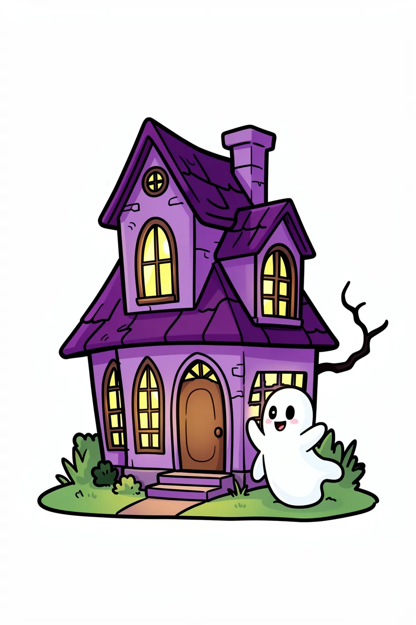 Cartoon purple haunted house with glowing windows and a friendly waving ghost on a plain white background