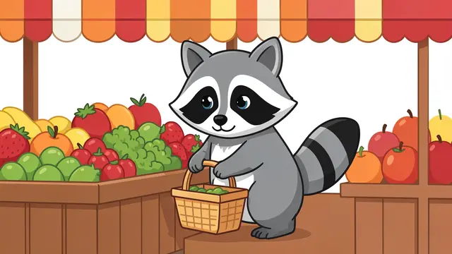 A cartoon raccoon holds a small basket while standing at a fruit market stall under a striped awning.