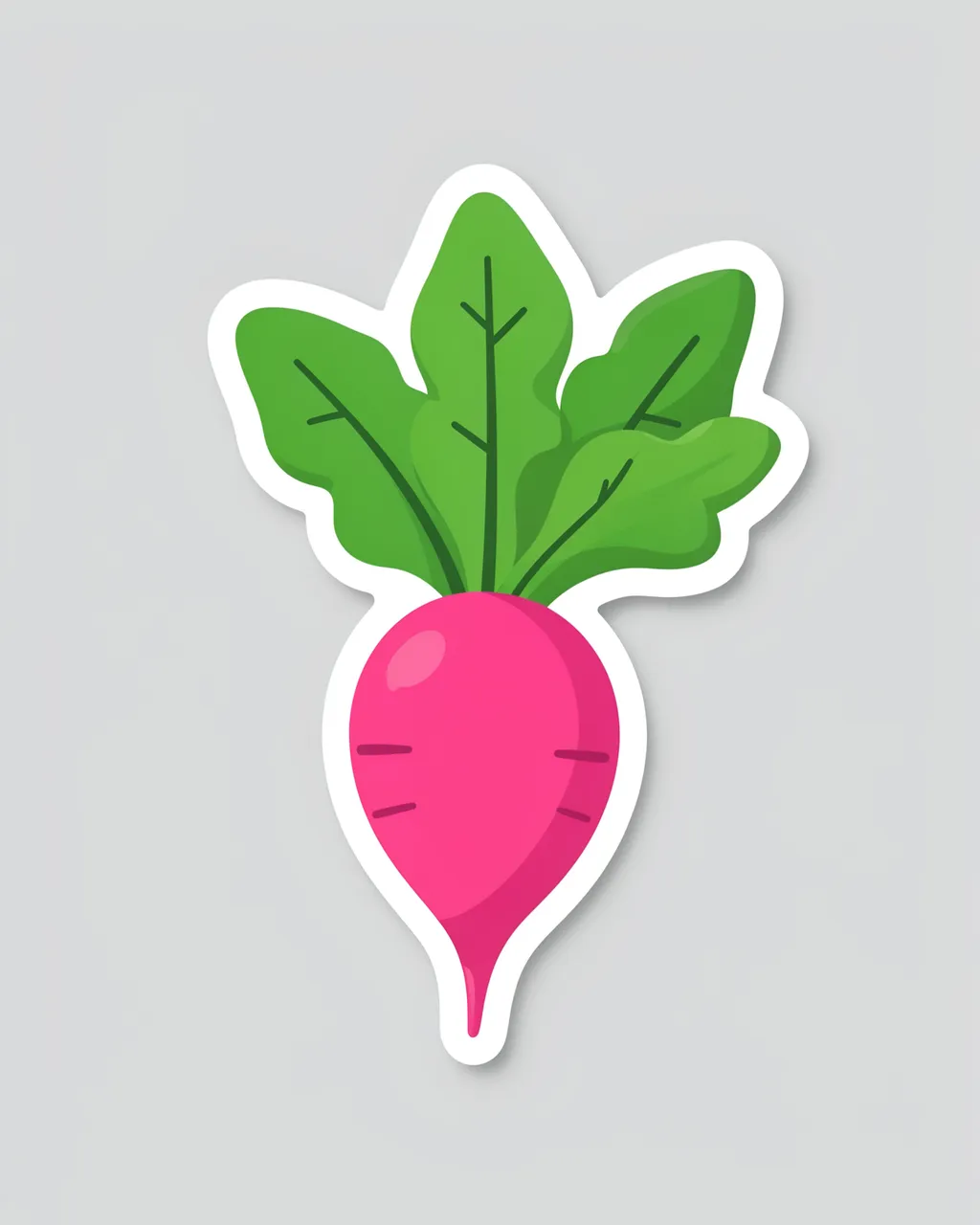 Flat illustration die-cut sticker of a pink radish with green leafy tops on a light gray background