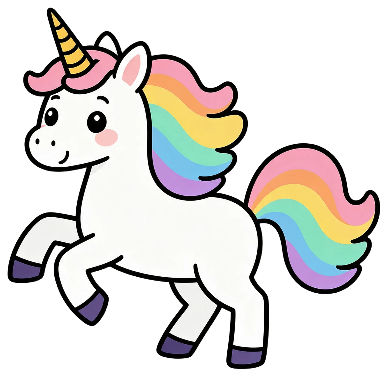 A cheerful cartoon unicorn with a pastel rainbow mane prances gently.