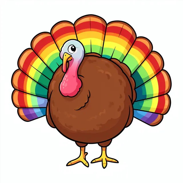 A plump cartoon turkey with rainbow colored fanned tail feathers stands on a plain white background