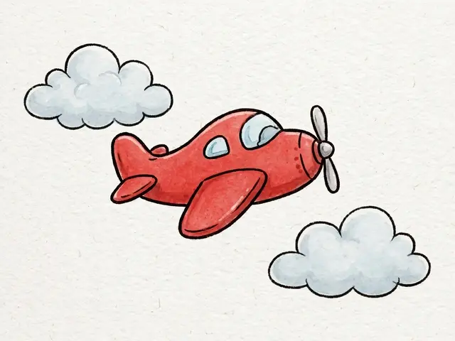 Illustrated red propeller airplane flies between two soft outlined clouds on textured white paper