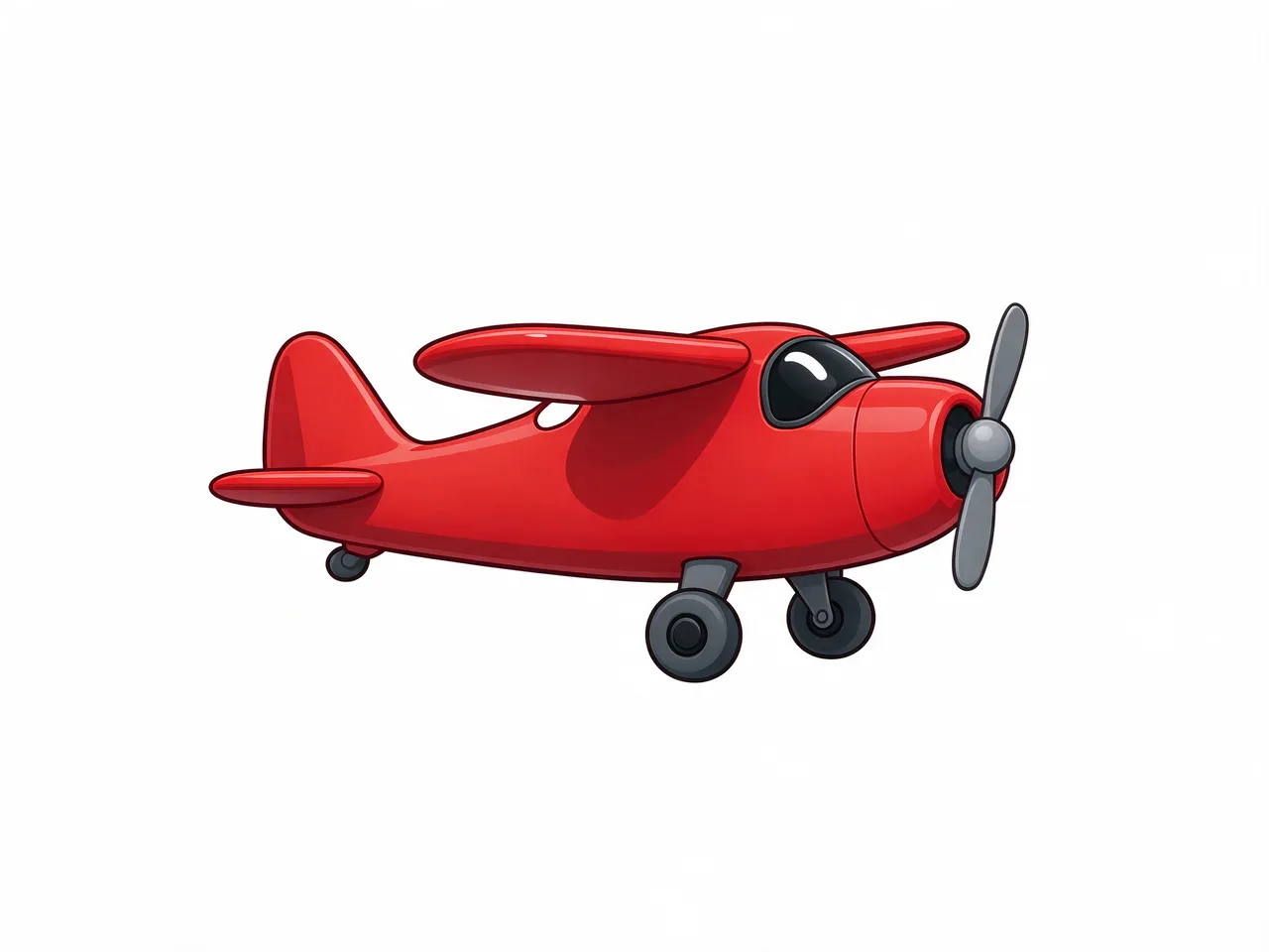 A side view cartoon illustration of a rounded small red propeller airplane isolated on a plain white background