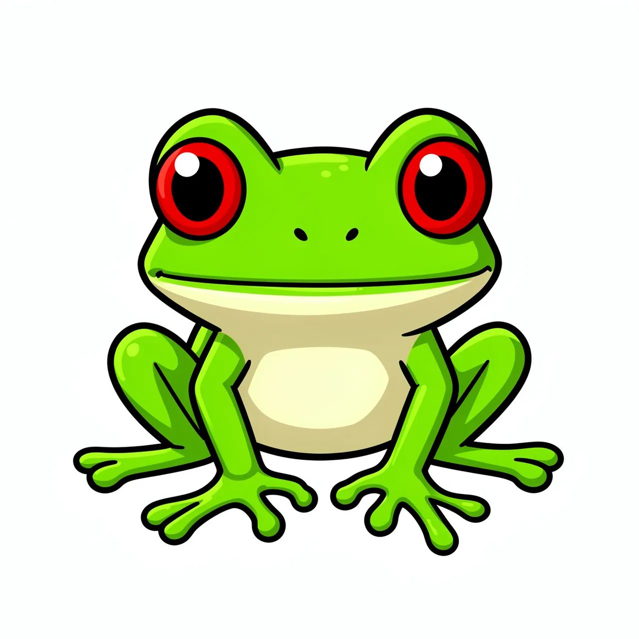 Bright green cartoon red-eyed tree frog sitting isolated on a plain white background