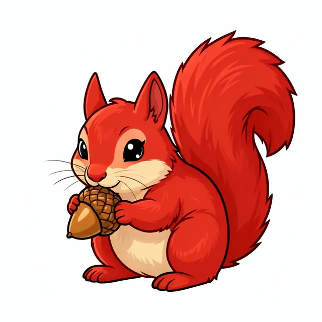 A fluffy cartoon red squirrel holds and nibbles an acorn, tail curled high against a plain white background.