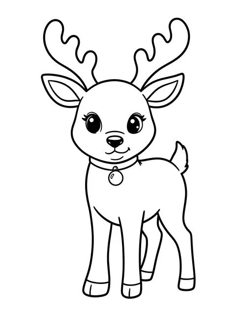 Simple bold black and white line art of a cute reindeer with a jingle bell collar on a plain white background