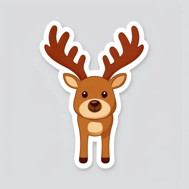 Flat illustration sticker of a smiling reindeer with a thick white border on a light gray background