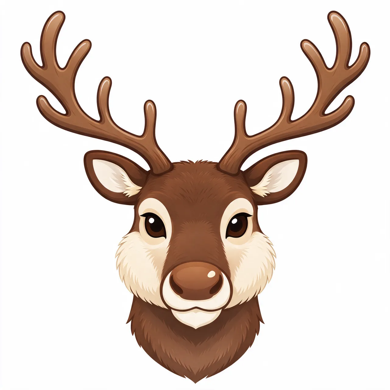 Flat front view illustration of a fluffy reindeer head with wide antlers isolated on a plain white background