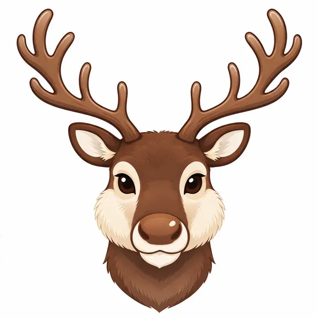 Flat front view illustration of a fluffy reindeer head with wide antlers isolated on a plain white background