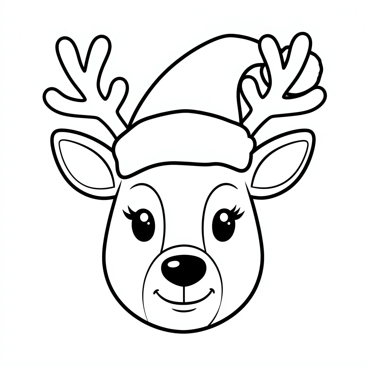 Black and white line art of a friendly reindeer face wearing a Santa hat on a plain white background