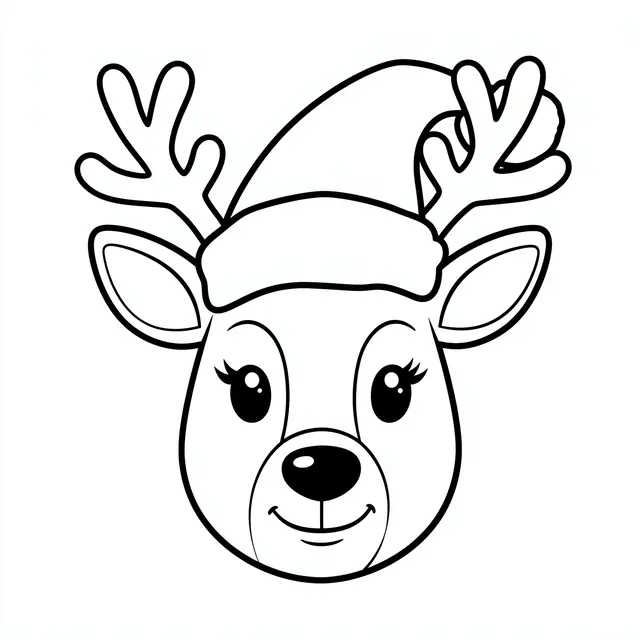 Black and white line art of a friendly reindeer face wearing a Santa hat on a plain white background