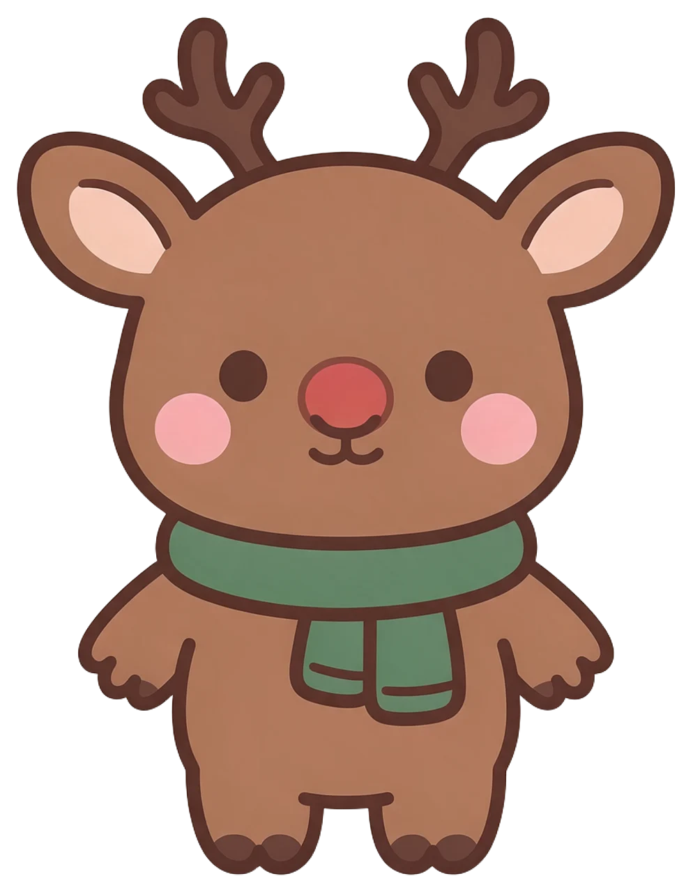 Kawaii style brown reindeer with red nose wearing a cozy green scarf