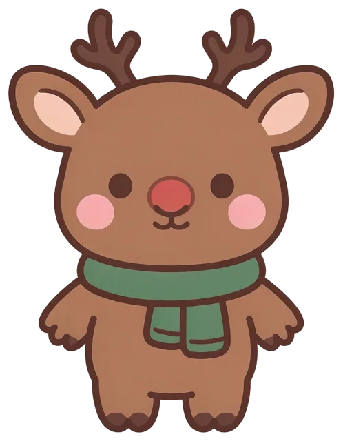 Kawaii style brown reindeer with red nose wearing a cozy green scarf