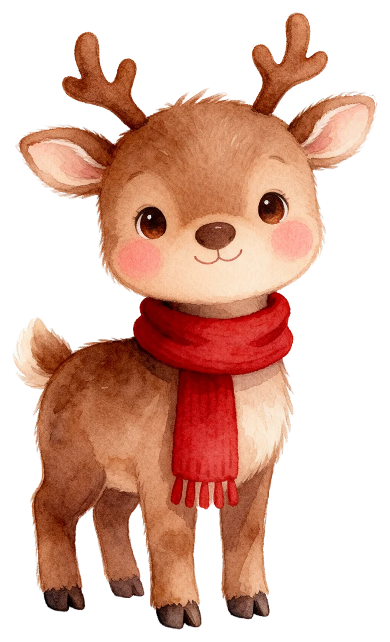 Watercolour illustration of a friendly reindeer wearing a red knitted scarf, standing and smiling gently.