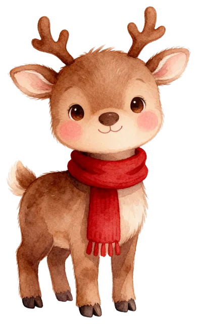 Watercolour illustration of a friendly reindeer wearing a red knitted scarf, standing and smiling gently.
