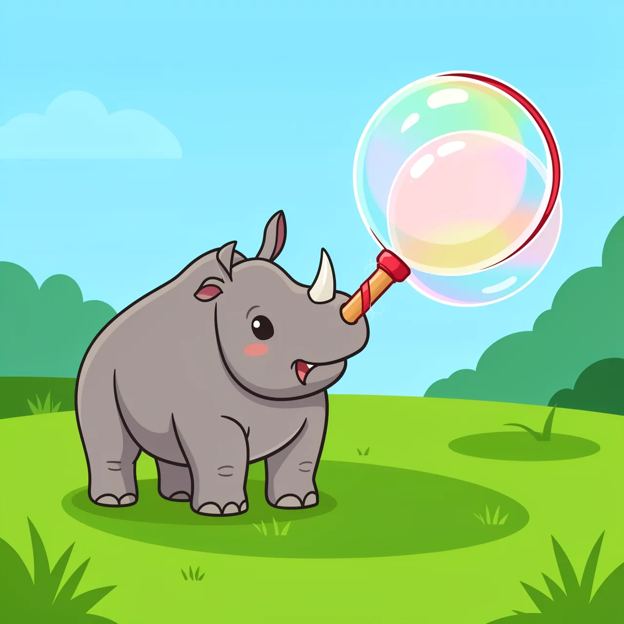 Cartoon grey rhino holds a bubble wand to its horn to blow iridescent giant bubbles on a sunny green lawn