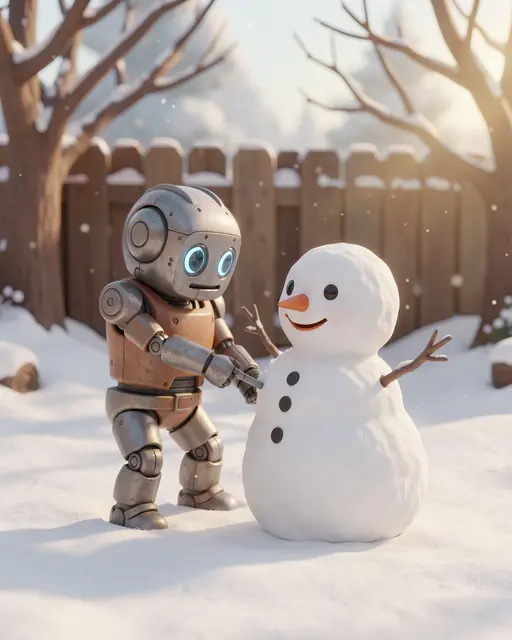 A small friendly 3D robot adds a detail to a snowman in a sunny snowy backyard.