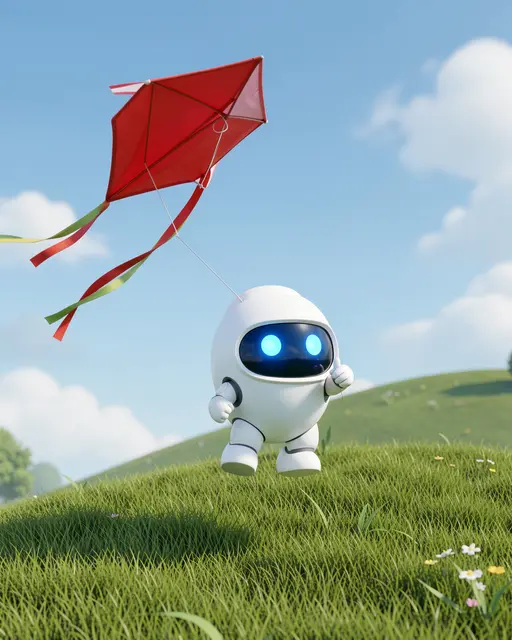 A round white robot with glowing blue eyes floats above a grassy hill holding a red kite on a sunny day