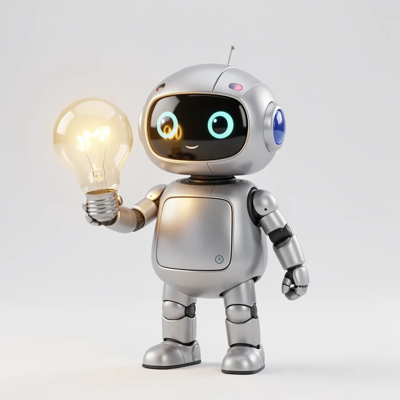 A friendly silver cartoon robot holds a lit glowing light bulb against a plain light gray background