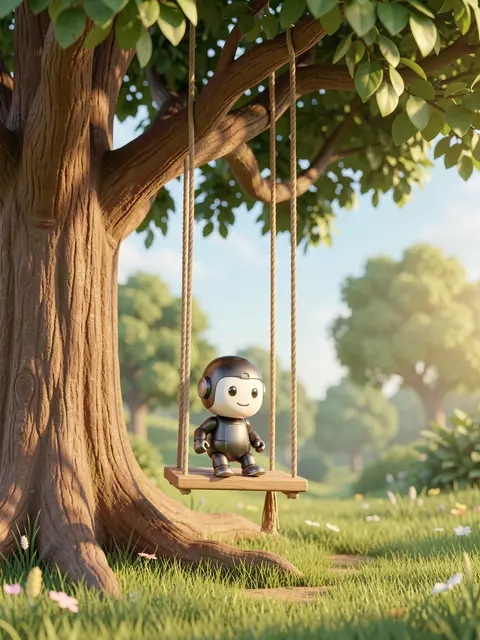 A small friendly robot sits on a rope swing hanging from a large tree in a sunny summer meadow