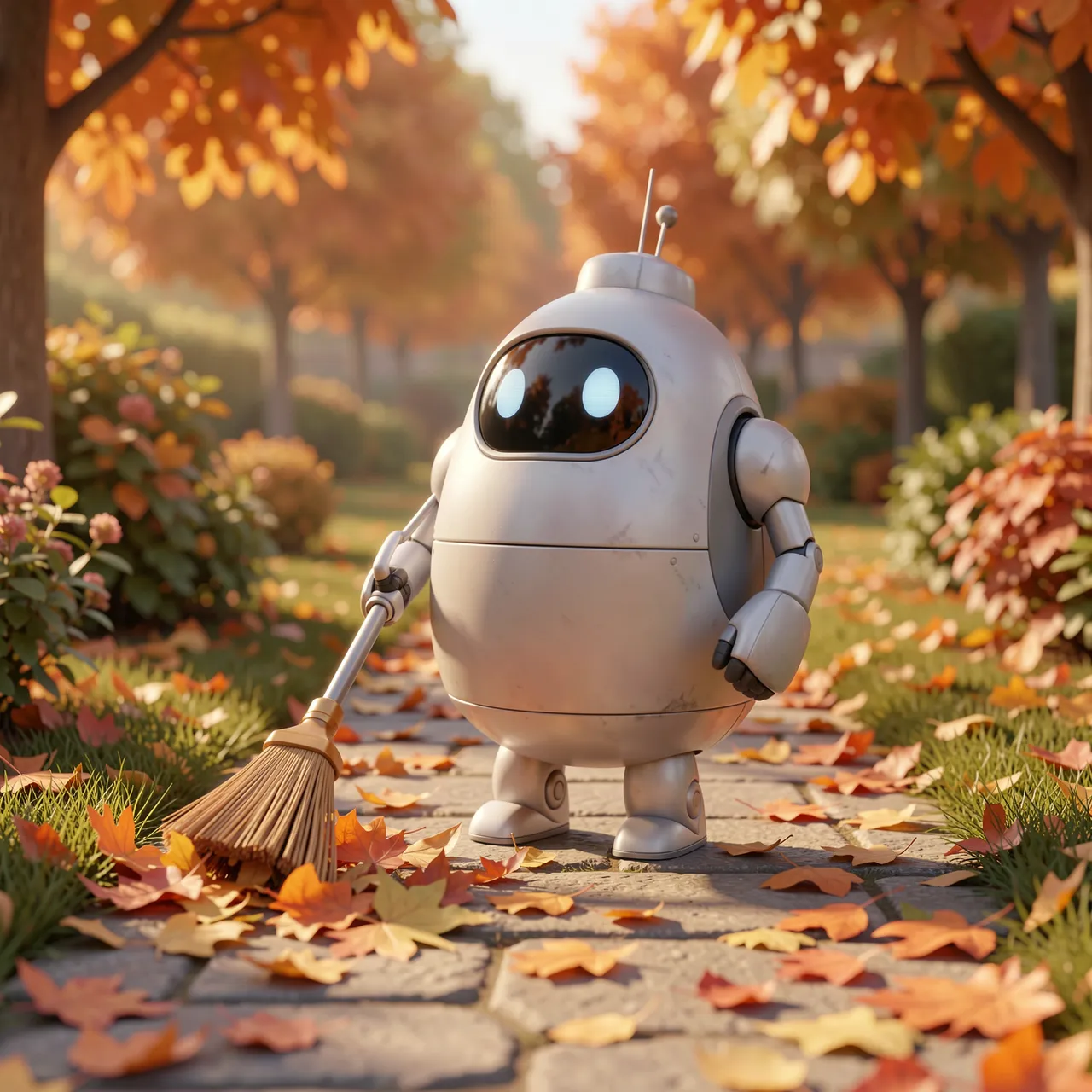 A round friendly 3D robot holds a broom while sweeping fall leaves off a stone garden path