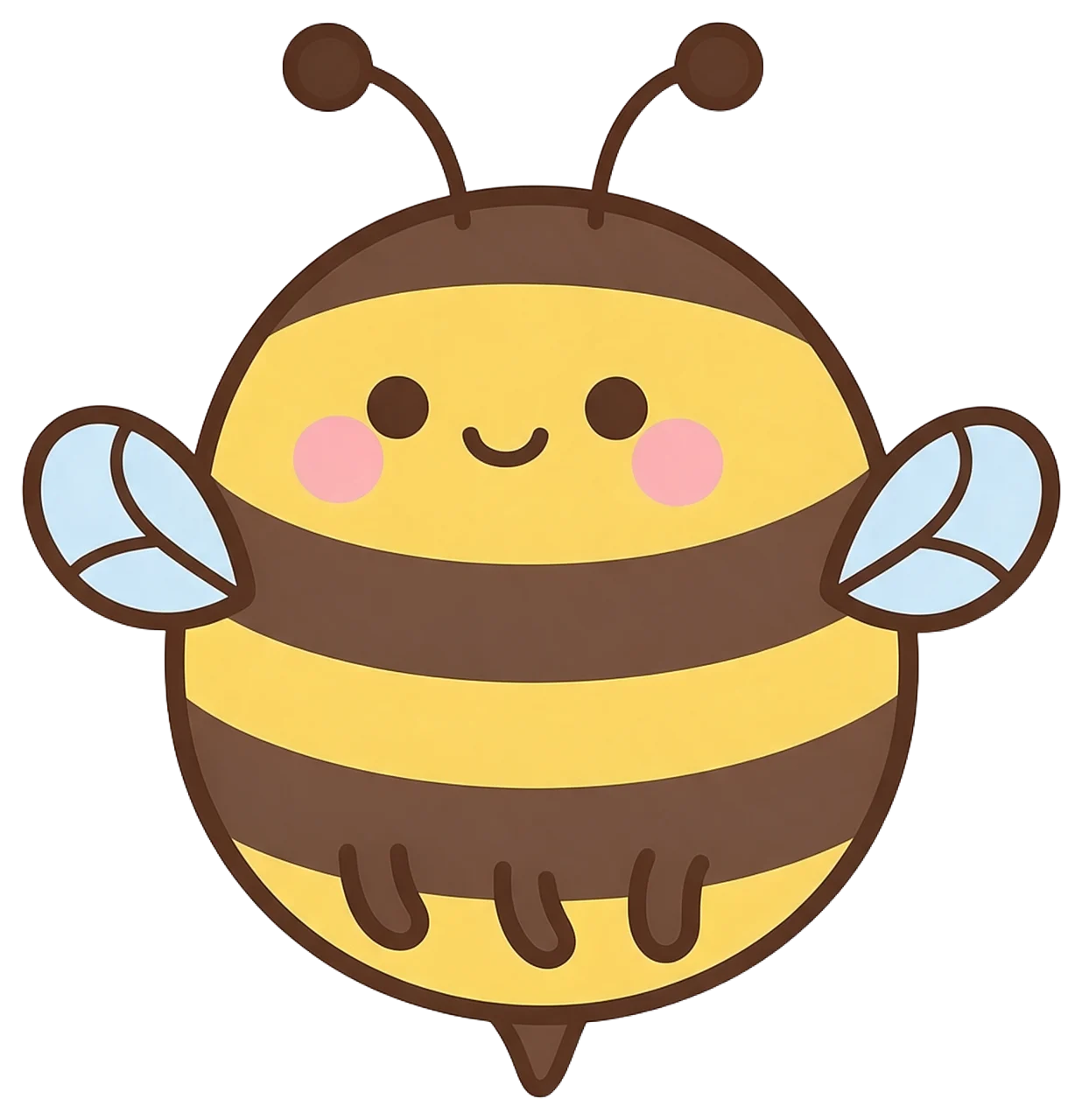 A kawaii round bumblebee illustration with pale blue wings, pink blush cheeks, and a tiny smile