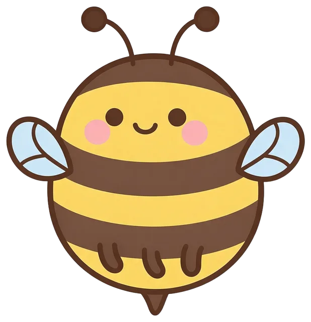 A kawaii round bumblebee illustration with pale blue wings, pink blush cheeks, and a tiny smile