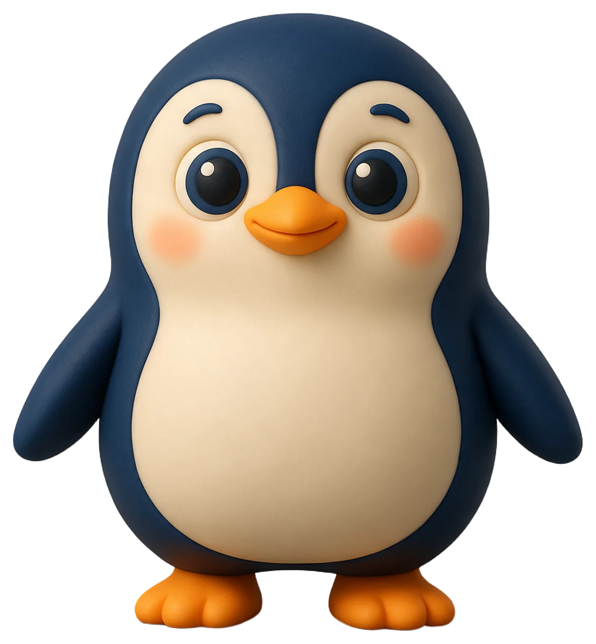 Friendly rounded clay-style 3D cartoon penguin standing facing forward