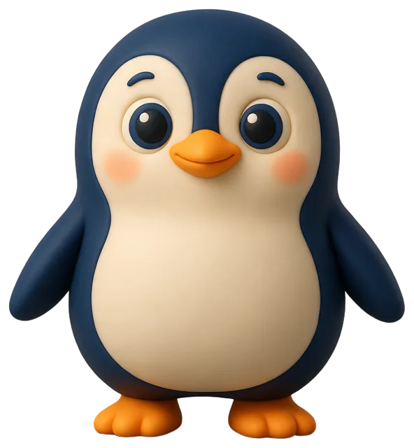 Friendly rounded clay-style 3D cartoon penguin standing facing forward