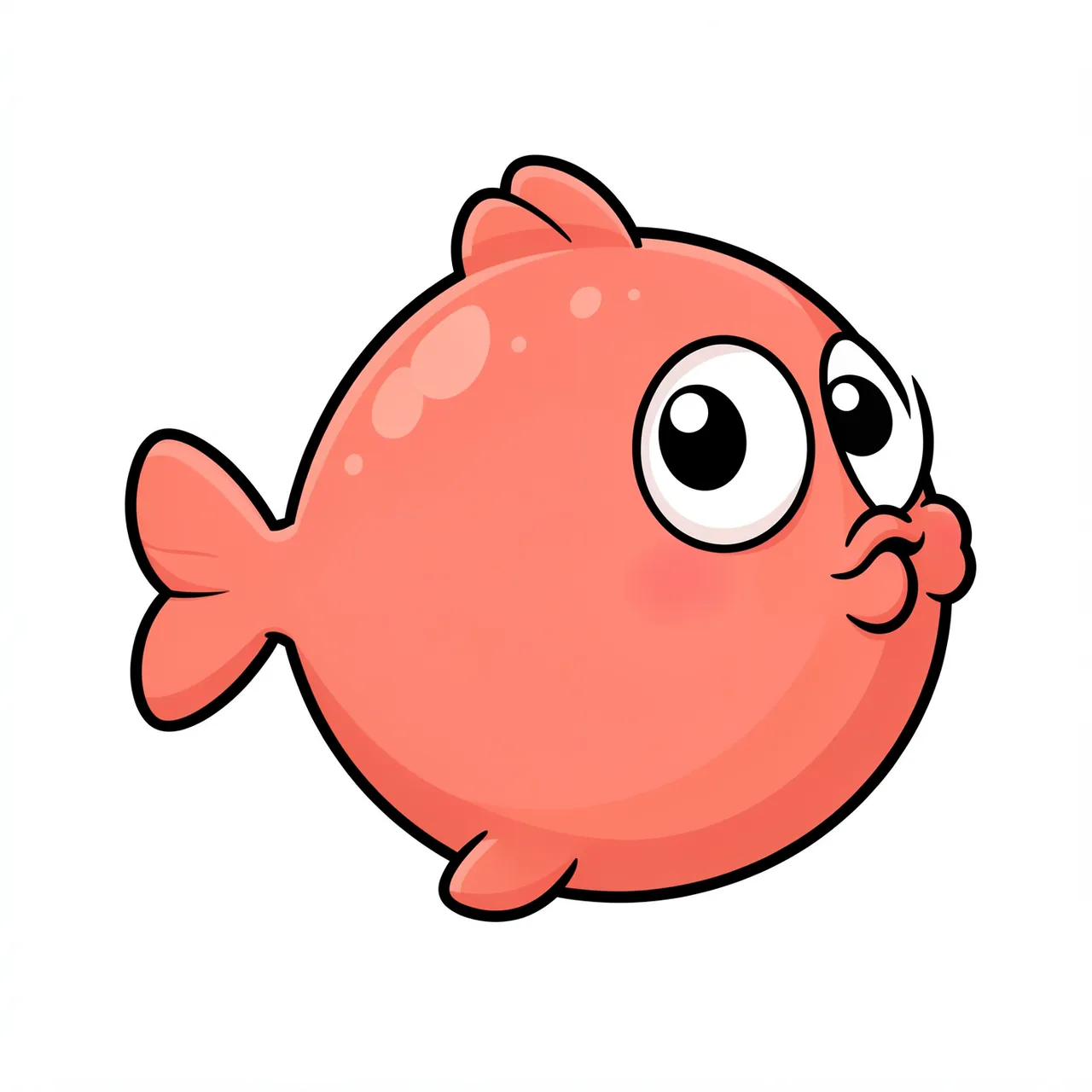 A round coral-pink cartoon fish with big eyes and puckered lips sits isolated on a plain white background
