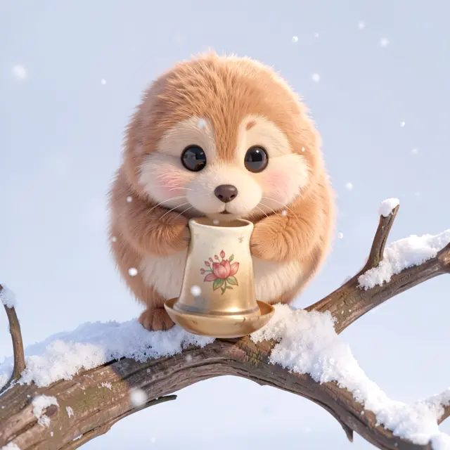 Fluffy tan furry creature holds a tiny teacup while sitting on a snow covered branch as snow falls