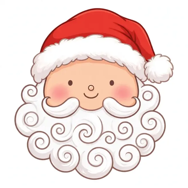 A round cute cartoon Santa Claus face with a swirly beard and red hat on a light background