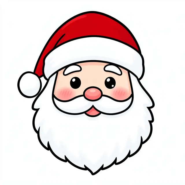 Cartoon close-up of a smiling Santa Claus face with a red hat, fluffy white beard and rosy cheeks on a plain white background