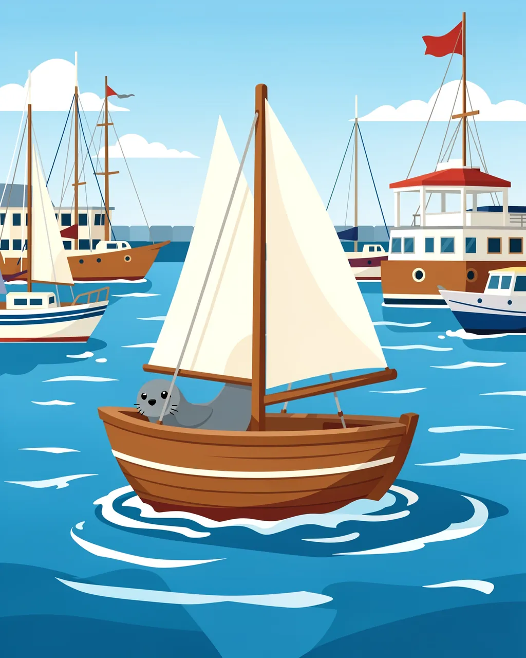 A cartoon gray sea lion sits in a small wooden sailboat floating in a busy sunny harbor with other boats.