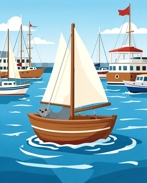 A cartoon gray sea lion sits in a small wooden sailboat floating in a busy sunny harbor with other boats.