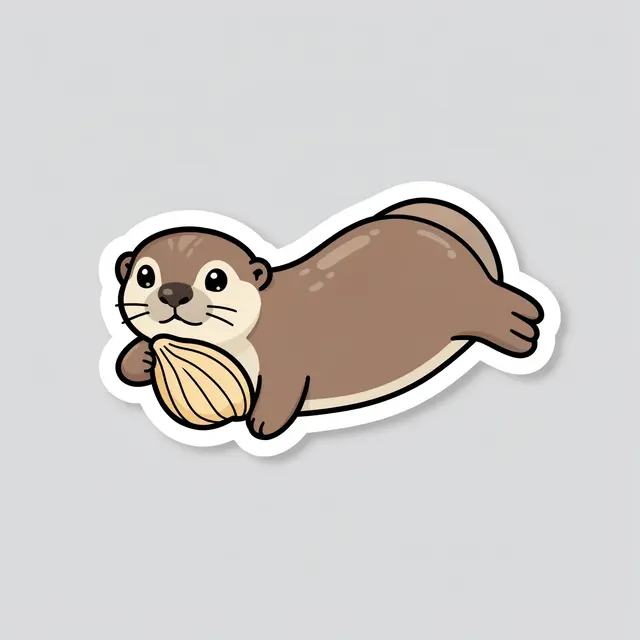 Die-cut cartoon otter sticker holding a shell set against a plain light gray background