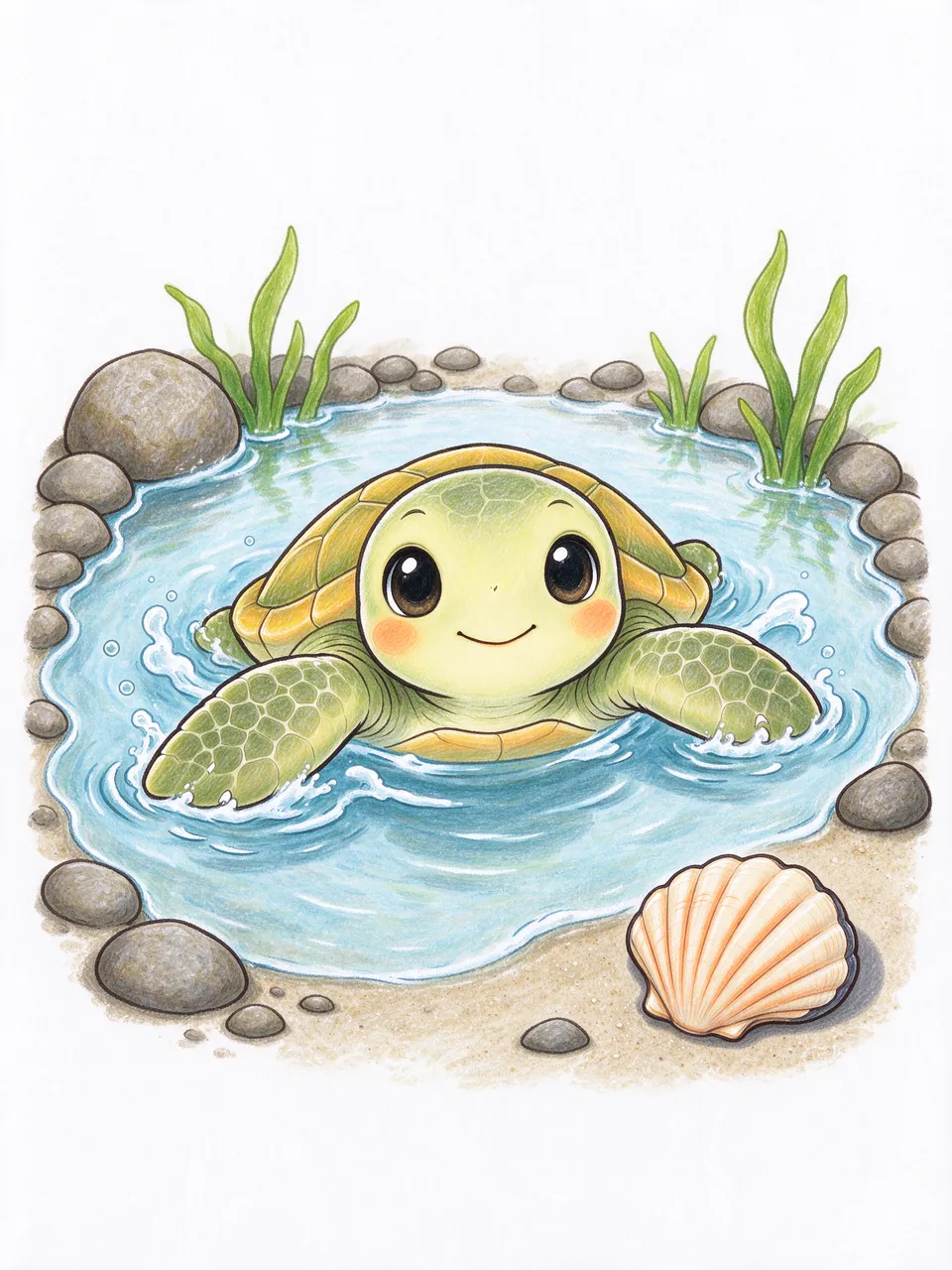 A cheerful cartoon sea turtle hatchling paddles in a small tide pool next to a scallop seashell on a white background.