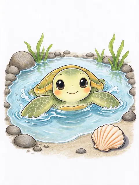 A cheerful cartoon sea turtle hatchling paddles in a small tide pool next to a scallop seashell on a white background.