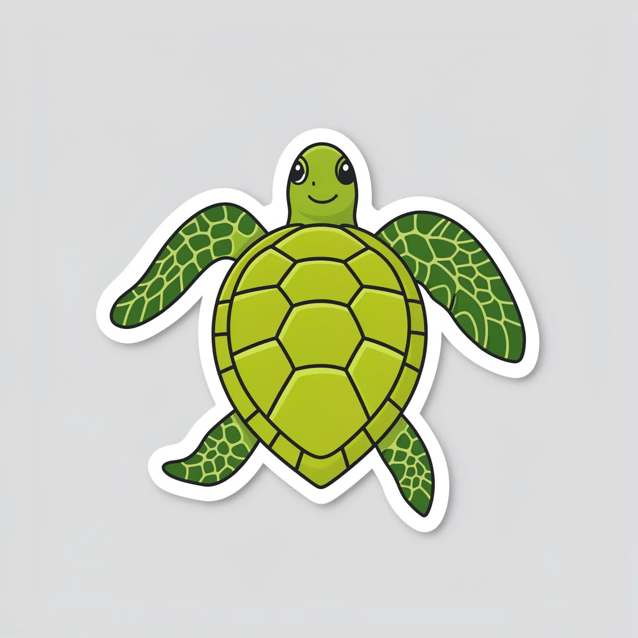 A top view die-cut sticker of a smiling green sea turtle on a plain light gray background