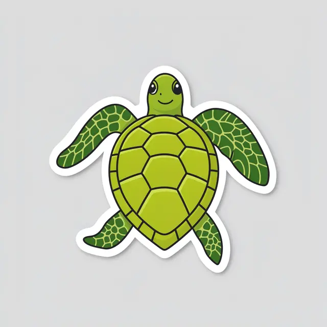 A top view die-cut sticker of a smiling green sea turtle on a plain light gray background