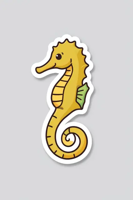 A flat cartoon seahorse sticker with a thick white border sits on a light gray background