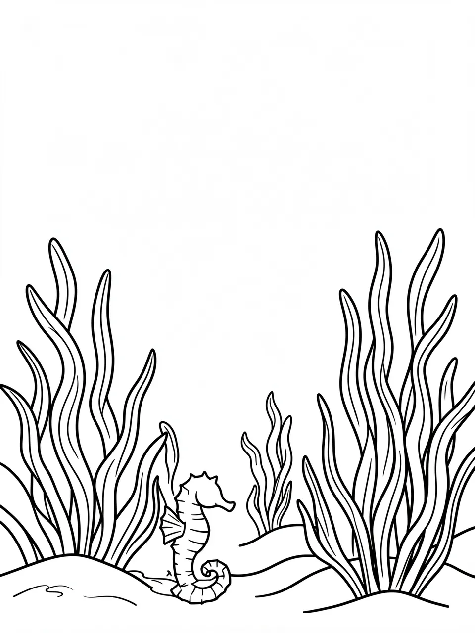 Black and white bold line art of a cute seahorse standing between clumps of seaweed on a blank white background.