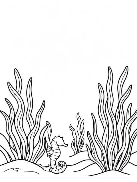 Black and white bold line art of a cute seahorse standing between clumps of seaweed on a blank white background.