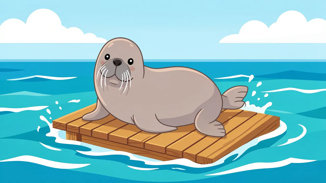 A cartoon seal rests on a small wooden raft floating in bright summer ocean water