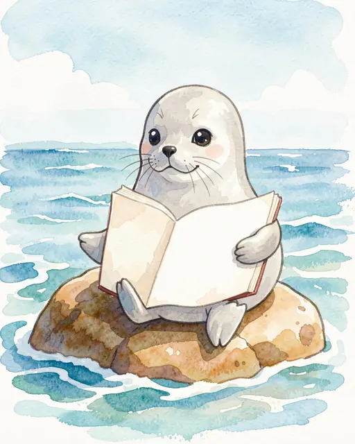 Soft watercolor illustration of a fluffy gray harbor seal holding a blank open book while sitting on a sunlit ocean rock