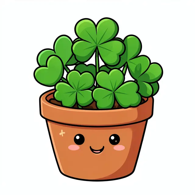 Kawaii terracotta flower pot with a smiling face filled with green four-leaf shamrocks