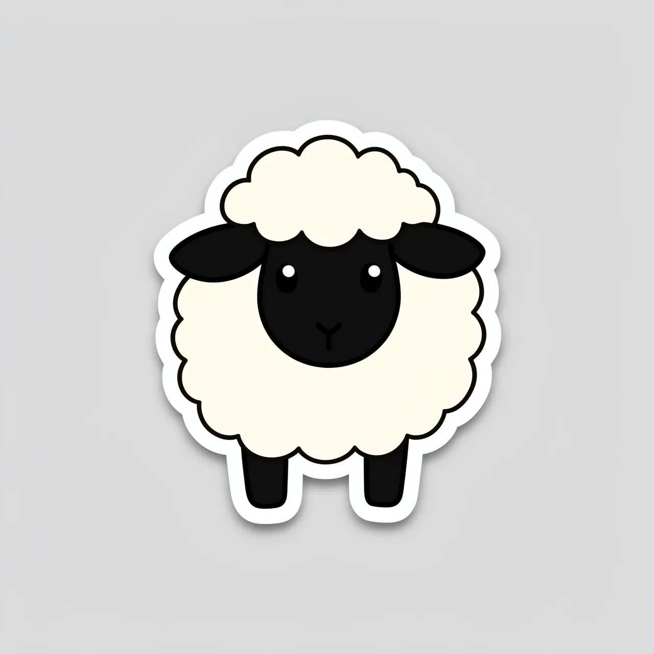 Flat illustration die-cut sticker of a fluffy sheep with a black face, set on a plain light gray background