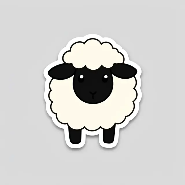 Flat illustration die-cut sticker of a fluffy sheep with a black face, set on a plain light gray background