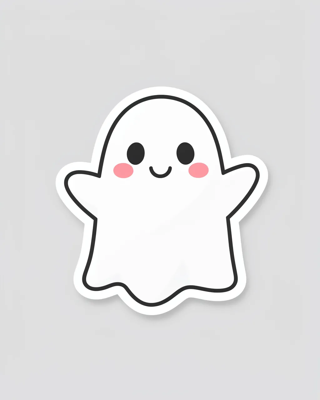 A flat die-cut sticker of a smiling cute ghost with rosy cheeks on a light gray background